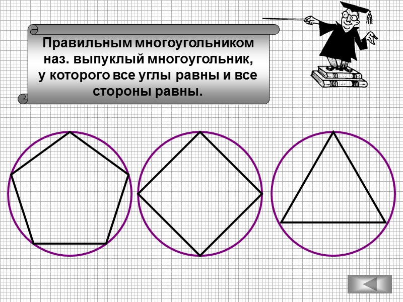 Правильным многоугольником наз. выпуклый многоугольник, у которого все углы равны и все стороны равны.